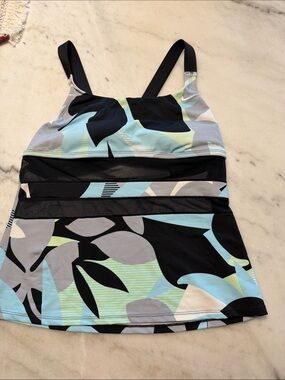 Nike Women's Black, Light Blue & Gray Patterned Tankini Top
